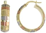 10k, Rose White Yellow Tri-Color Gold Snap-Post Italian Hoop Earrings, Vertical Stripe Pattern 1 1/8