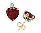 5mm Heart Garnet and Diamond Stud Earrings in 14K Yellow Gold