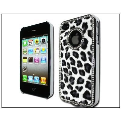 Luxury Unique Best Silver Leopard Leather Czech Rhinestone Case Cover For AT&T - Verizon Apple iPhone 4 4G 4S Crystal