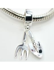 .925 Sterling Silver " 3D Shovel Fork w/ CZ Dangle " Bead Compatible with Pandora Chamilia Kay Troll Bracelet