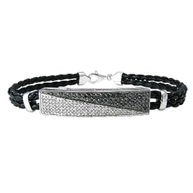 Sterling Silver Black and White Diamond Bracelet with Braided Leather Cord (1... by