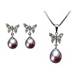 Sunlight Butterfly Drop Pearl Platinum Overlay Sterling Silver Pendant Necklace & Earrings Set, Lavender