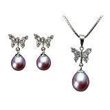 Sunlight Butterfly Drop Pearl Pendant Necklace & Earring Set, Lavender