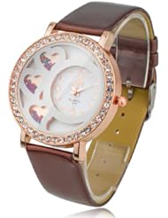 Womens Round Dial Analog Watch with Crystals & Beads Decoration Brown