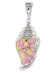 Sterling Silver Conch Shell Pendant, Pink Synthetic Opal Inlay w/ CZ stones, 1 1/8 inch tall,