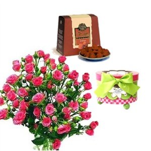 Valentine Flowers and Treats - Pink Spray Roses with Chocolate Truffles and Chocolate Mother's Day Cookies
