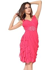 A-line V-neck Draped Lace  Natural   Waistline Knee Length Chiffon  Dress With Ruffles