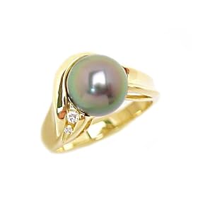 Tahitian Black Pearl Ring with Diamond in 14K Yellow Gold by Maui Divers of Hawaii