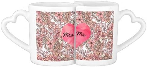 Boho chic red brown floral handdrawn pattern couples coffee mug set