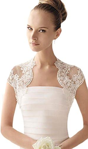 Landybridal Women's Short Cap leeves Lace Tulle Bridal Bolero AC4068 Ivory 8