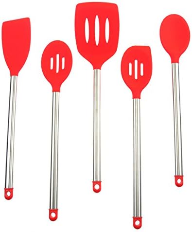 Chefaith Silicone Kitchen Utensils with Stainless Steel Handle, Set of 5 [2 Turners, 1 Spoonula, 2 Cooking Spoons] - Non-Stick, Heat Resistant (Up to 480°F), Easy to Clean &amp; Highly Durable Cookware