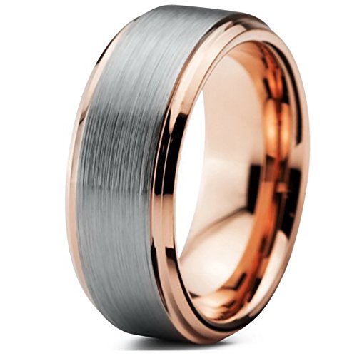 [EnvyJ] 8mm 18K Rose Gold Plated Tungsten Rings Carbide Domed Brushed Men's Women Wedding Band Ring Comfort Fit Finish Fit Size 5-16 w/ velvet ring box FreeShipping Lifetime Guarantee 5-15