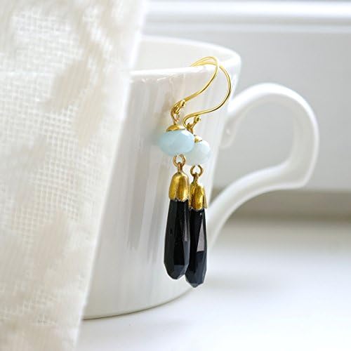 Gold plated drop earrings // amazonite and jet beads