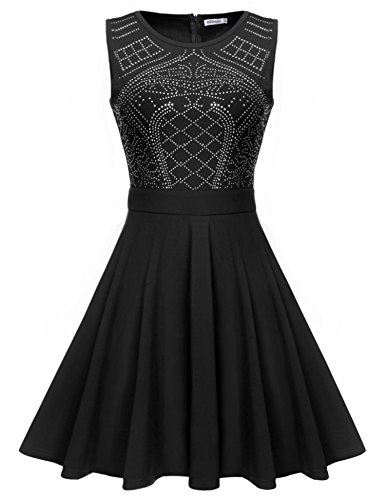 Meaneor Women's Sleeveless Rhinestone Embellished Fit and Flare Swing Dress