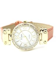 Gold Geneva Watch with Round Rhinestone Face and Colored Leather Band Peach