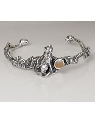 An Adorable Little Kitty Cat Cuff Bracelet Accented with a Genuine Peach Moonstone