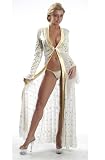 Custom Made Slinky Winter Wonderland Victorian Satin Trimmed White Gold Mesh Coat Gown with long sleeves and flouncy cuffs. Shown with Micro Thong Panty 4021SQ not included.