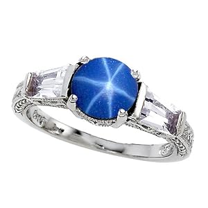2.60 cttw 925 Sterling Silver 14K White Gold Plated Lab Created Star Sapphire Engagement Ring Size 5