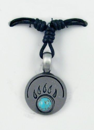 Necklace, Pewter (Tin-based Alloy) / Turquoise (Imitation) / Waxed Cotton Cord, Turquoise Blue and Black, 22mm Round with Bear Claw Design, Adjustable 18-34 Inches.