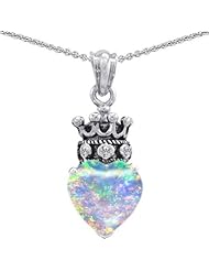 Genuine TRUE LOVE (tm) 925 Sterling Silver Created Opal Heart With Crown Pendant