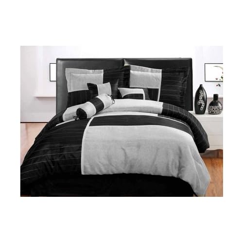 LUXURY SET Silver / Black White Striped COMFORTER SET Queen Bedding