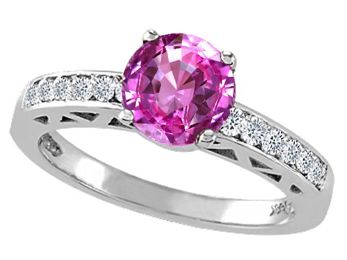 1.37 cts Genuine Lab Created Pink Sapphire and Diamond Solitaire Engagement Ring - 14kt White or Yellow Gold