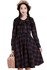 Plaid Print Cotton/Linen Long Sleeves  Dress