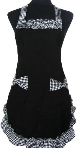 Valentines Day Gift, Lovely Lady's Kitchen Fashion Flirty Apron for Women's Girls Aprons with Pockets (Black)
