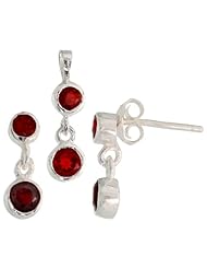 Sterling Silver Dangle Earrings (13mm tall) & Pendant (17mm tall) Set, w/ Bezel Set Brilliant Cut Ruby-colored CZ Stones