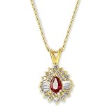 14K Yellow Gold Baguette Diamond & Ruby Pear Pendant