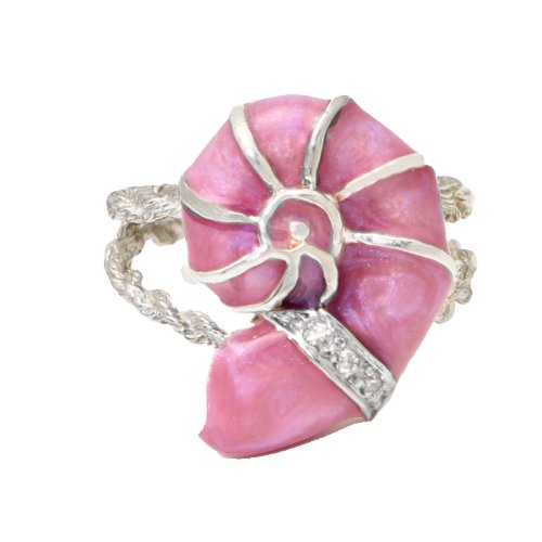 Nautilus Shell Diamond Sterling Ring Pink Enamel Size 7 1/2