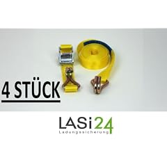 4 x 2 tlg. Spanngurt mit Klemmschloss / Klemmschlossgurt mit Spitzhaken, 4 m, 250 daN, gelb, 25 mm breit