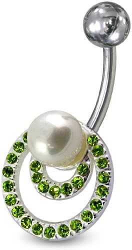 Multi Light Green Gems Stone Fancy Circle with Pearl 925 Sterling Silver Belly jewelry with 14Gx3/8(1.6x10MM) 316L Surgical Steel Banana and 5MM Ball.