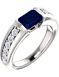 18K White Gold 7.00x5.00mm Emerald Cut Chatham Created Sapphire and Diamond Ring -- LIFETIME WARRANTY