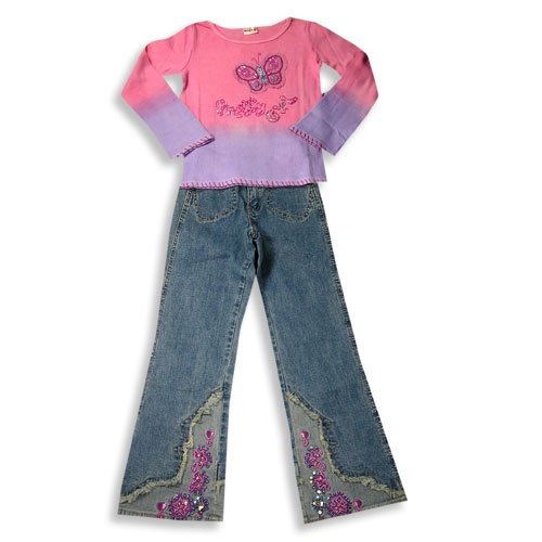 Mish Mish - Girls Long Sleeved Pant Set, Pink, Denim
