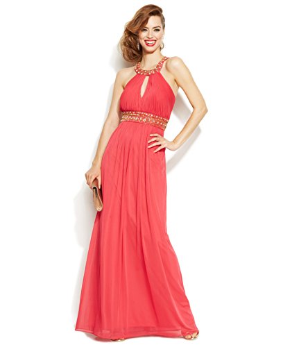Xscape Women's Embellished Ruched Keyhole Halter Gown Cherry 6