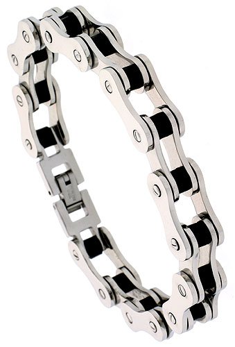 8 Solid Link Surgical Steel & Rubber Bicycle Chain Bracelet 7 16 wide.