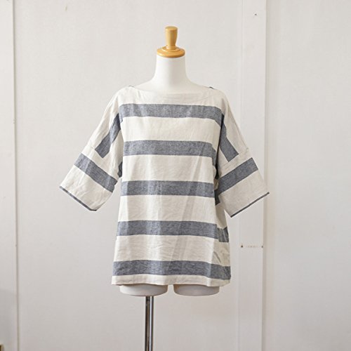 (イチ) ICHI ボーダー柄ボートネックドロップショルダー５分袖プルオーバー