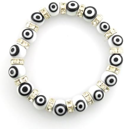 White Evil Eye 10mm Glass Bead & Crystal Stretch Bracelet