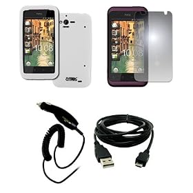 EMPIRE Verizon HTC Rhyme White Silicone Skin Case Cover + Mirror Screen Protector + Car Charger... by