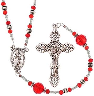Heirloom Quality Oval Holy Blessed Virgin Mary Medal Vintage Design Pendant Rosary with 5 x 5mm Capped Antique Silver Rondelle Tibetan Style and Capped Round Red Transparent Glass Our Father Beads with Tibetan Style Ornate Crucufix Gift Boxed