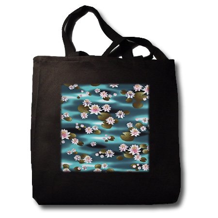 Lee Hiller Designs General Themes - Pink Water Lilies and gold Lily Pads on Aqua - Tote Bags