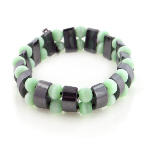 Magnetic Hematite and Green Cats Eye Beaded Stretch Bracelet