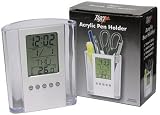 ACRYLIC DESK TIDY CALENDAR ALARM CLOCK PEN CLIP HOLDER