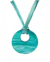 Necklace - N237 - Large Round Shell (2-1/2") hung on 5-Strand Organza Cord ~ Teal
