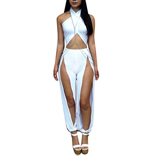 iecool Women Sexy Bandage Cross Jumpsuit Medium White
