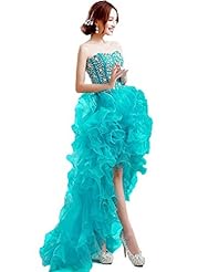 Strapless Organza Sweetheart Floor Length Crystals Lace-Up Crystal Beaded  Asymmetric Prom Dress  With Ruffles
