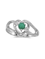 10k White Gold Round Emerald And Diamond Heart Ring