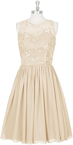 Lace Bodice Fun Flowy Chiffon Skirt Knee-length Champagne Bridesmaid Dresses