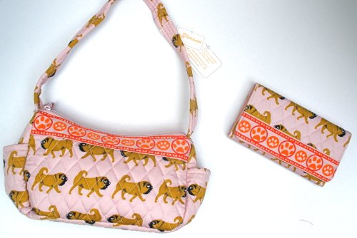 Quilted Fabric Zippered Handbag With Matching Wallet - Pink With Pug Puppy Dog Breed Themed